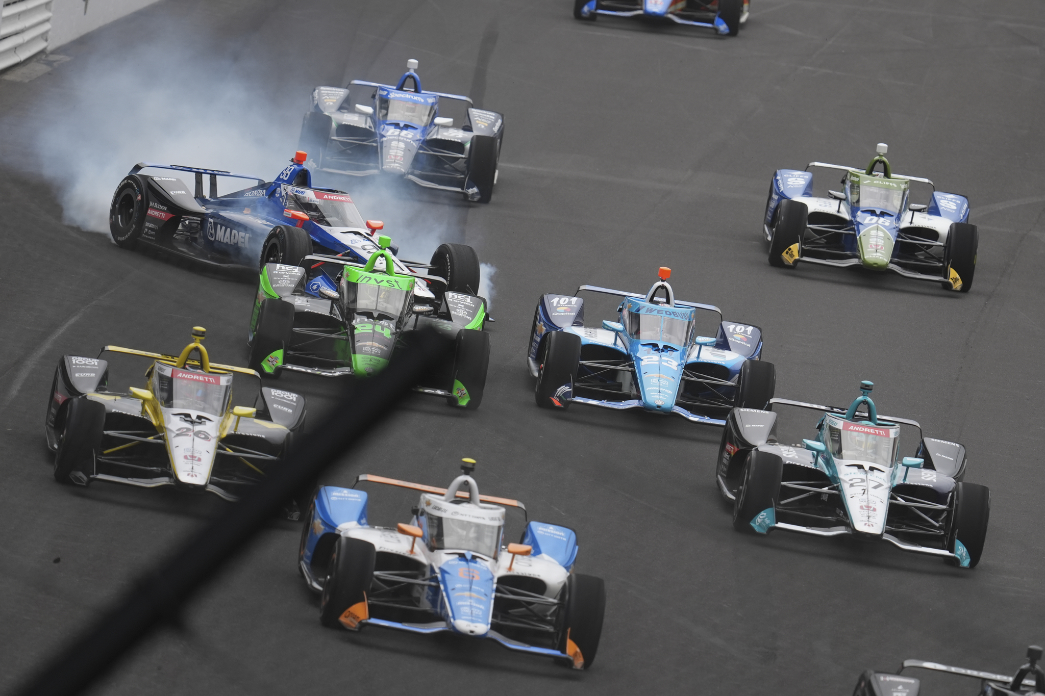 Marco Andretti  looses control of his car on the start of the Indianapolis 500