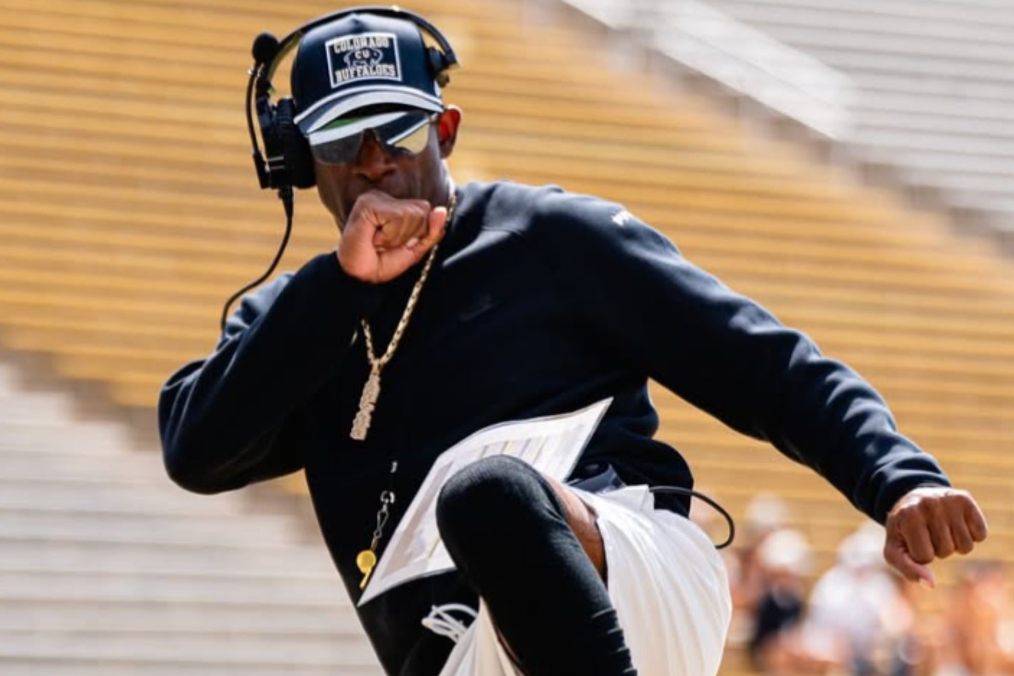 Deion Sanders yells at his Colorado Buffaloes out of frustration during a scrimmage